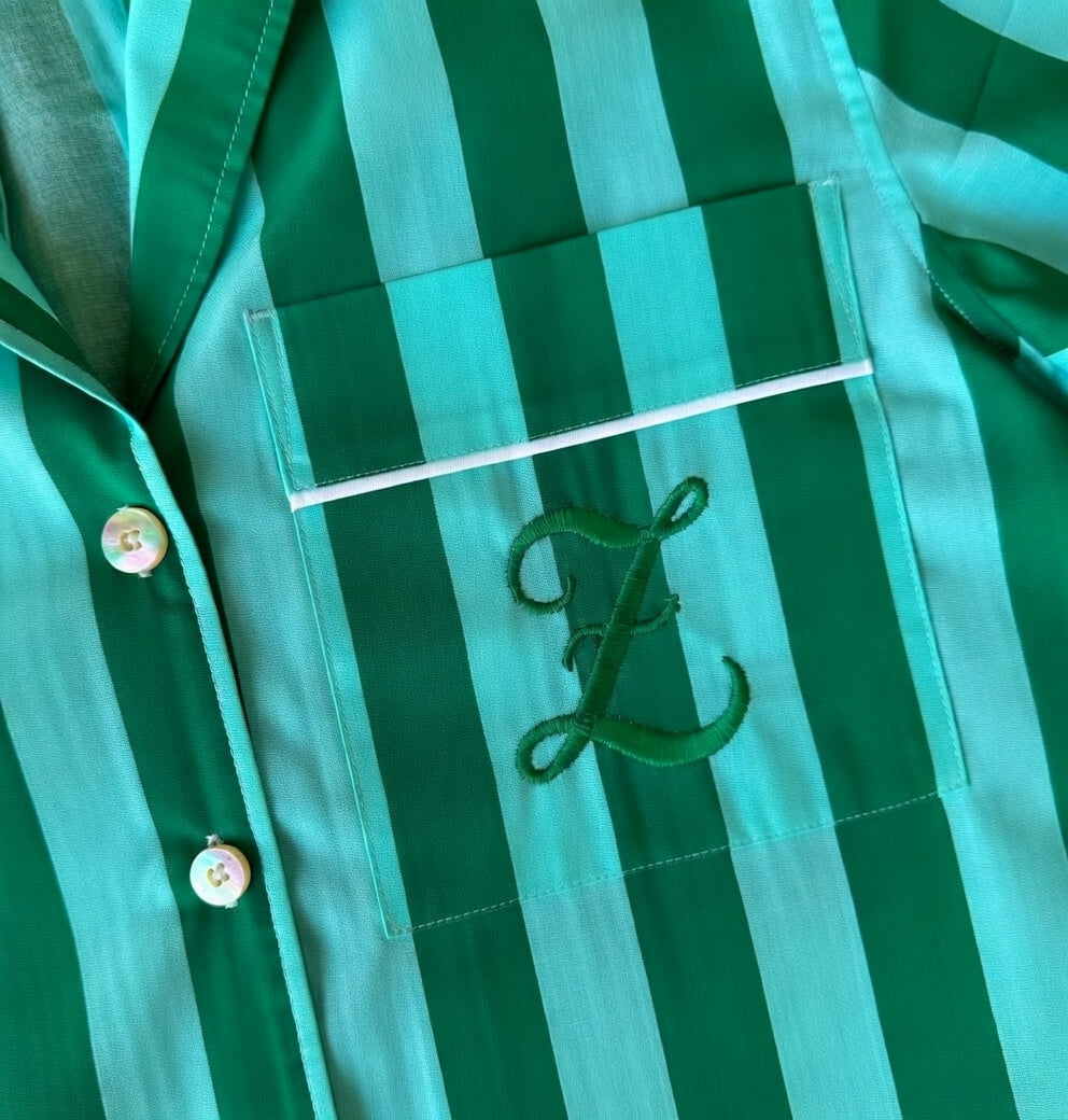 Green and white striped shirt with a monogram 'Z' on a pocket