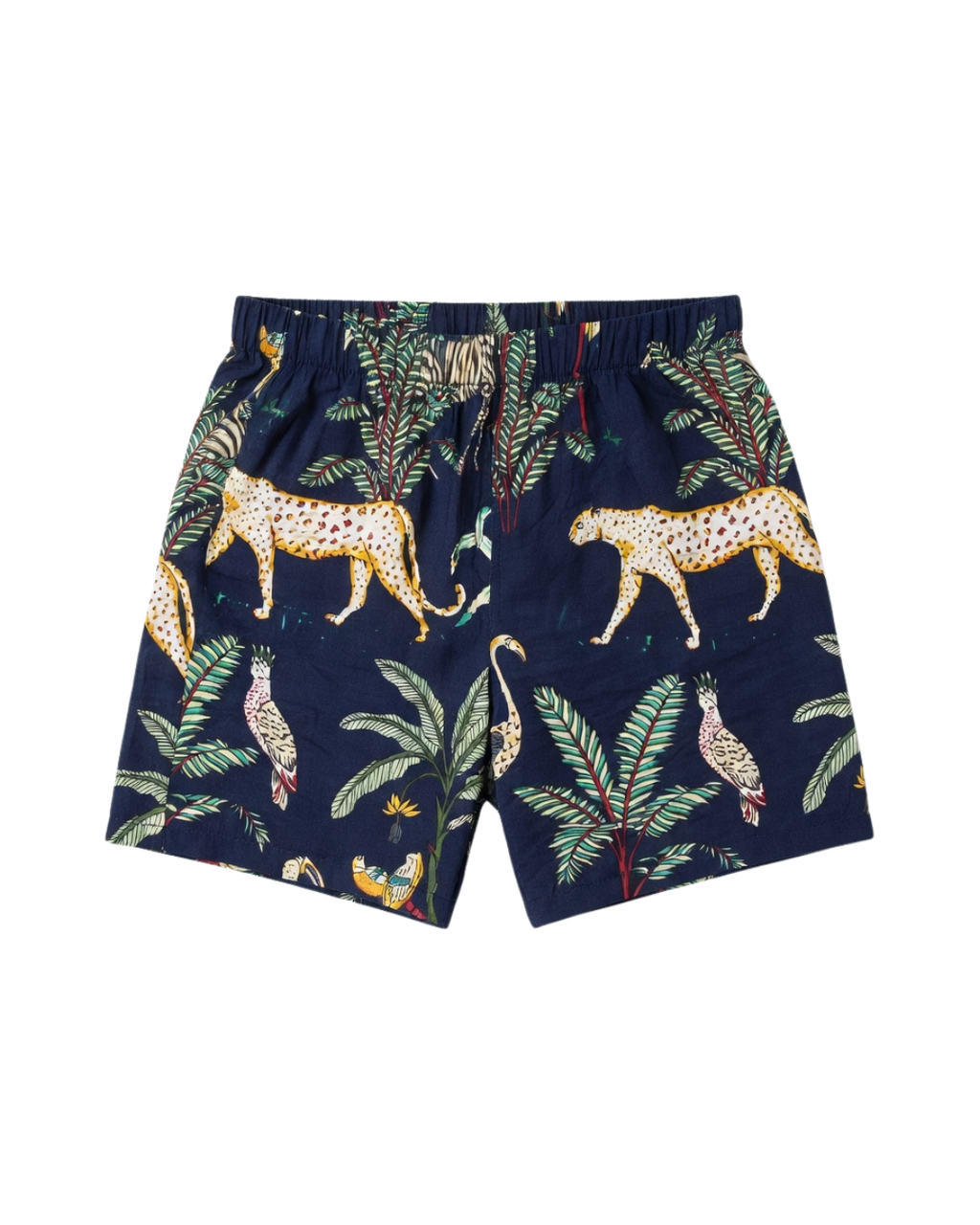 Navy shorts with a tropical animal pattern on a white background