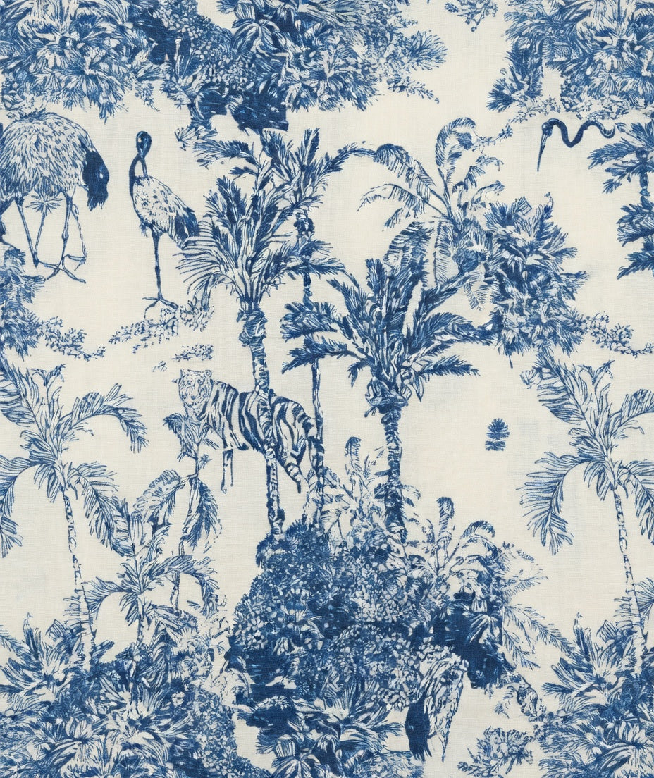 Jungle-themed wallpaper with blue animals and plants on a white background