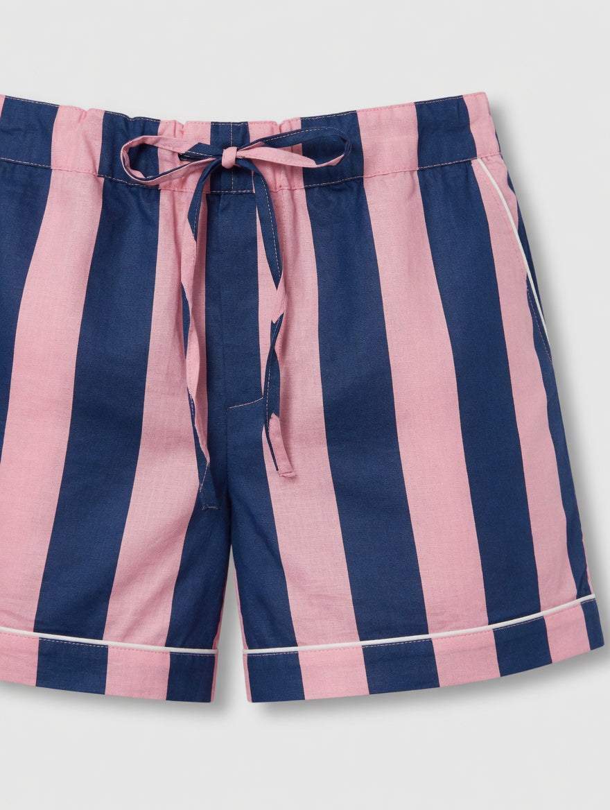 Detail of blue and pink stripe cotton PJ set by Ilk Collective
