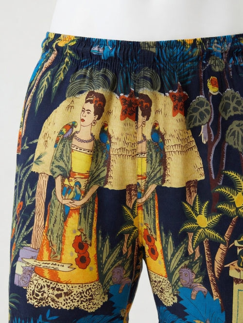 Bold print detail on Frida In The Wild men's pyjama shorts by Ilk Collective