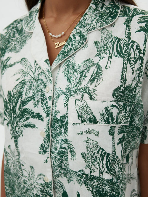 Green toile classic short PJ set styled on model — Ilk Collective