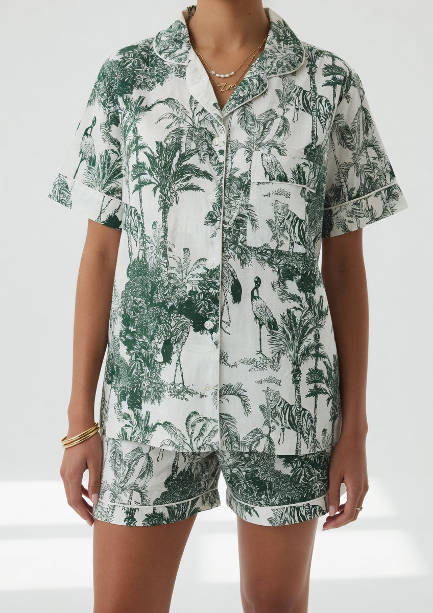 Green toile print women's cotton short pyjama set — Ilk Collective South Africa