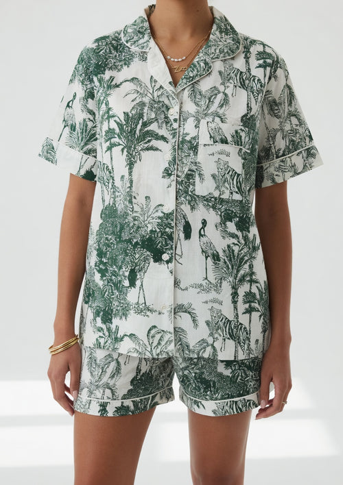 Green toile print women's cotton short pyjama set — Ilk Collective South Africa