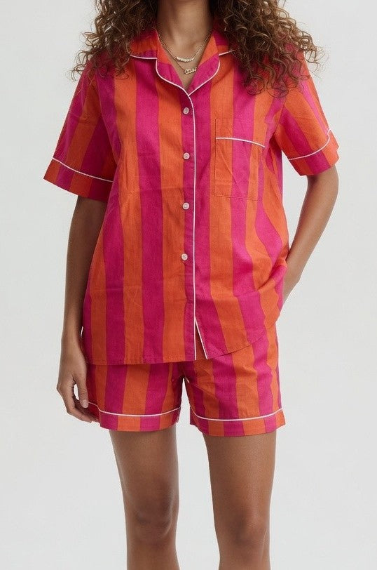 Pink and orange stripe women's cotton short pajama set — Ilk Collective South Africa